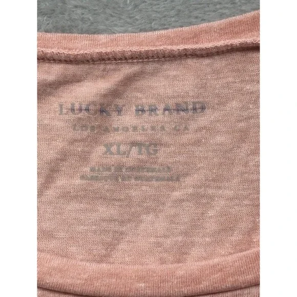 Lucky Brand Graphic Tee XL Pink Floral Trade Mark Boho Style Scoop Neck - Picture 3 of 7